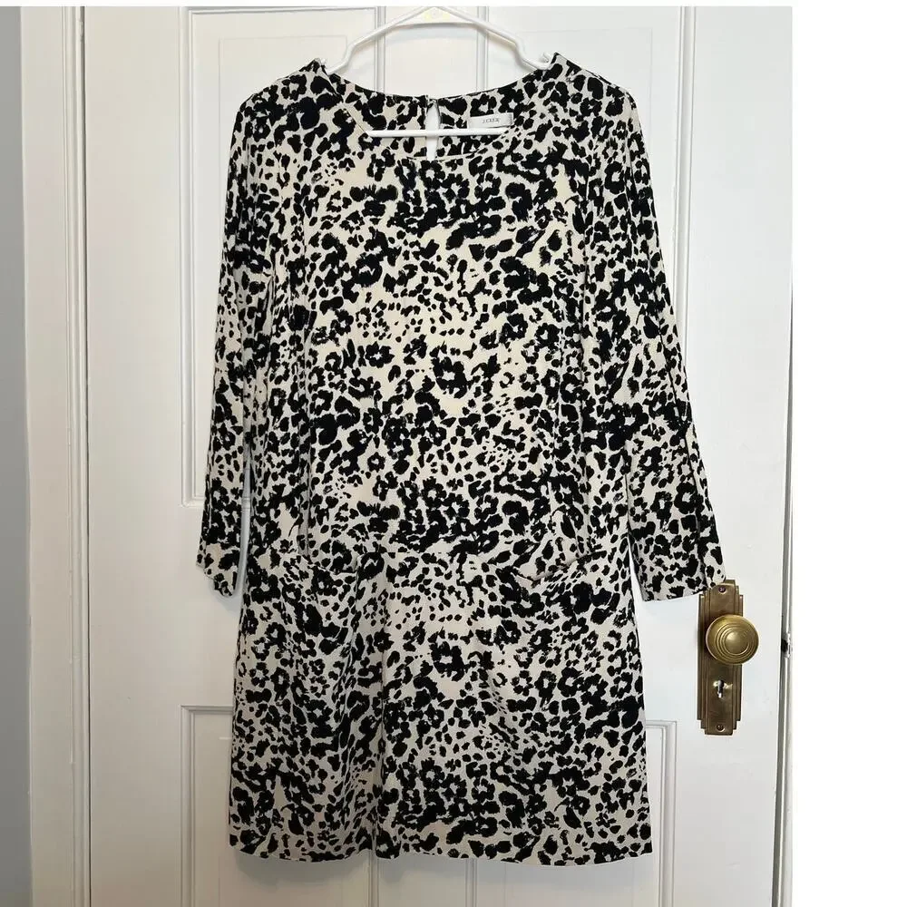 J.Crew Jules Shift Dress Snowcat Leopard Print Black Long Sleeve Mini Women's S